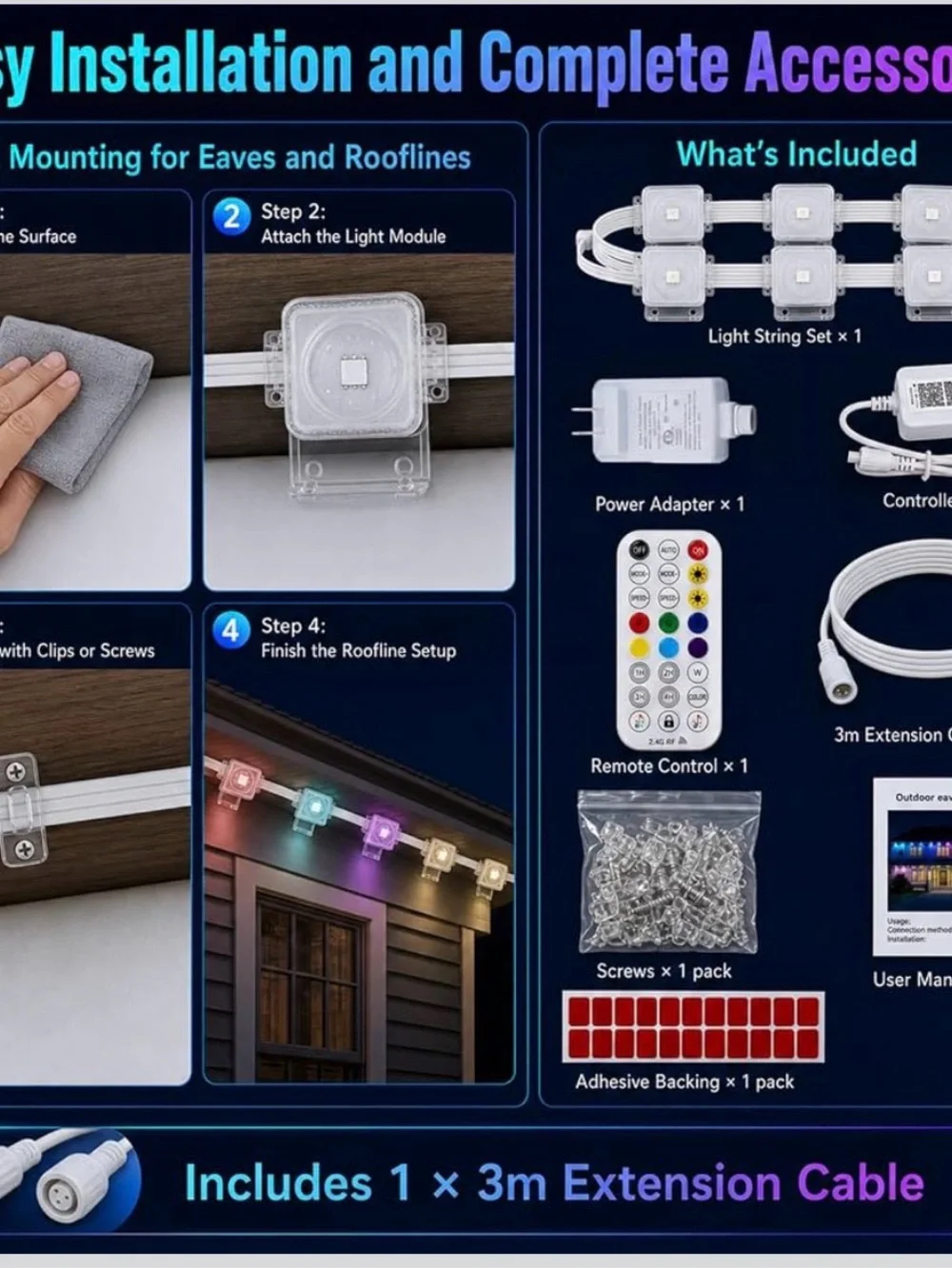Outdoor Lights for House, 100ft RGB+IC Eaves Lights